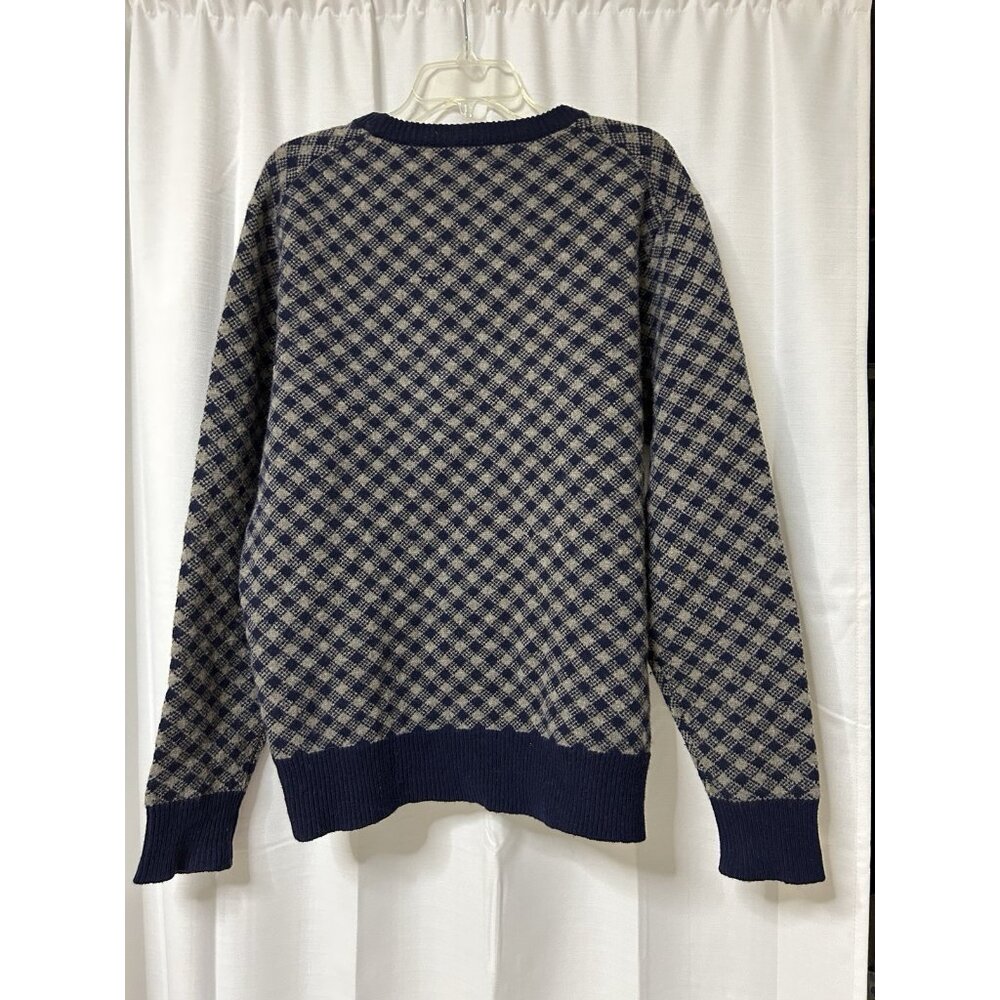J.Crew Crewneck Sweater Men’s Blue Tan 100% Lambs Wool Check Preppy Large - Picture 5 of 6